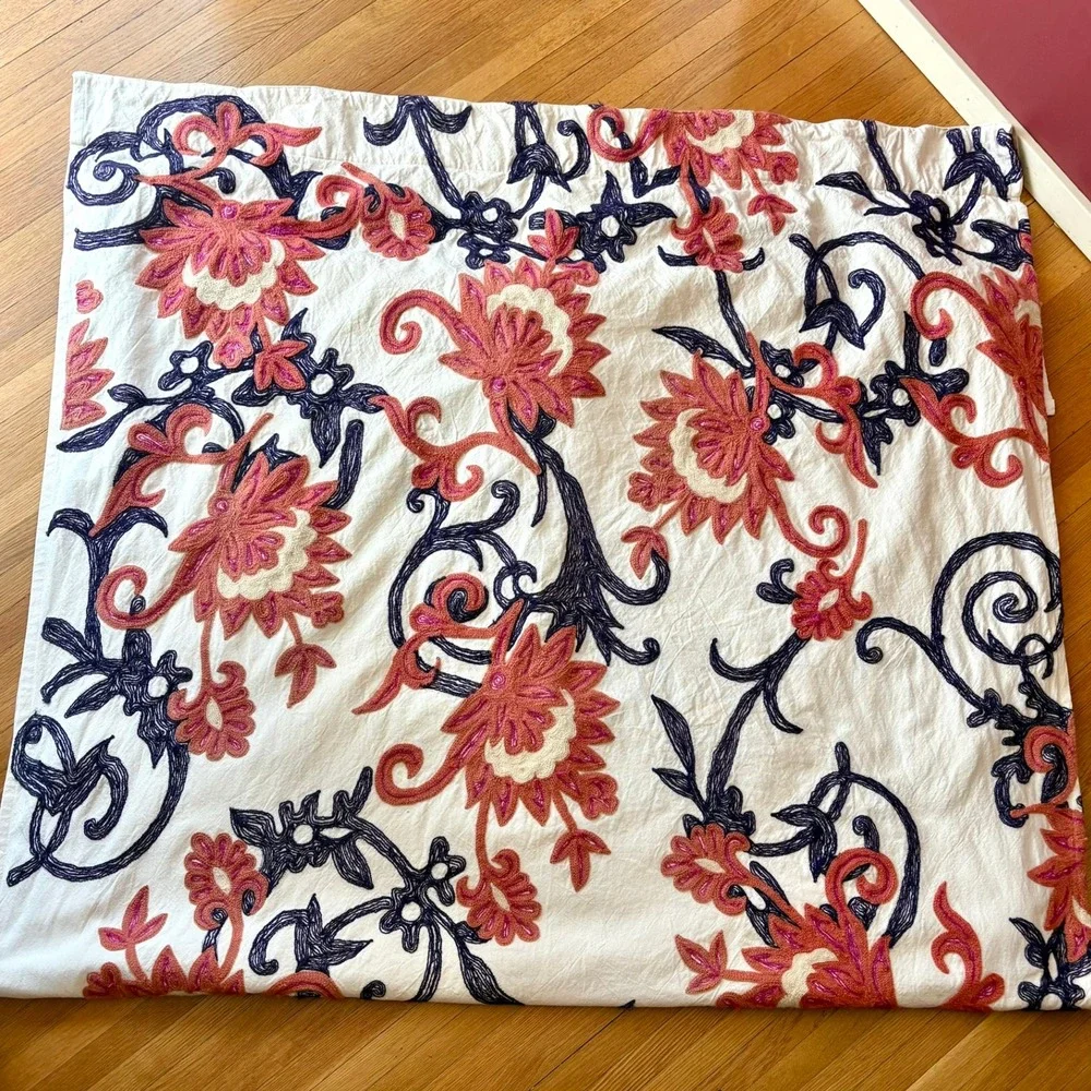 Vintage Anthropologie Embroidered Wool Curtain Pair 50x96 Floral Crewel Bohemian